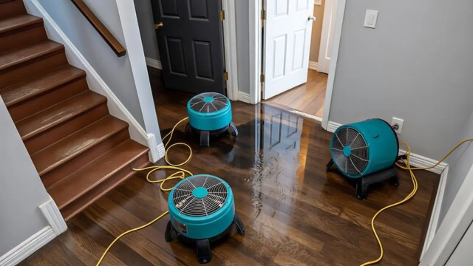 Air movers drying a hardwood floor and staircase after water damage in a home